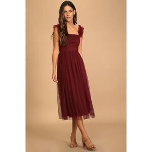 Lulus Divine Invitation Burgundy Tulle Swiss Dot Ruffle MIDI Dress Size Small